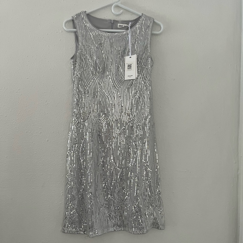 Grace Karin Silver Sequin Sleeveless Midi Dress